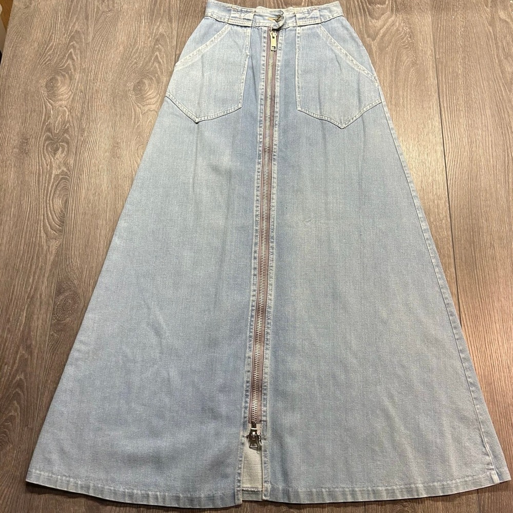 Vintage 70s San Francisco Skirt Works Denim Maxi Skirt Light Wash Zip Front 24w